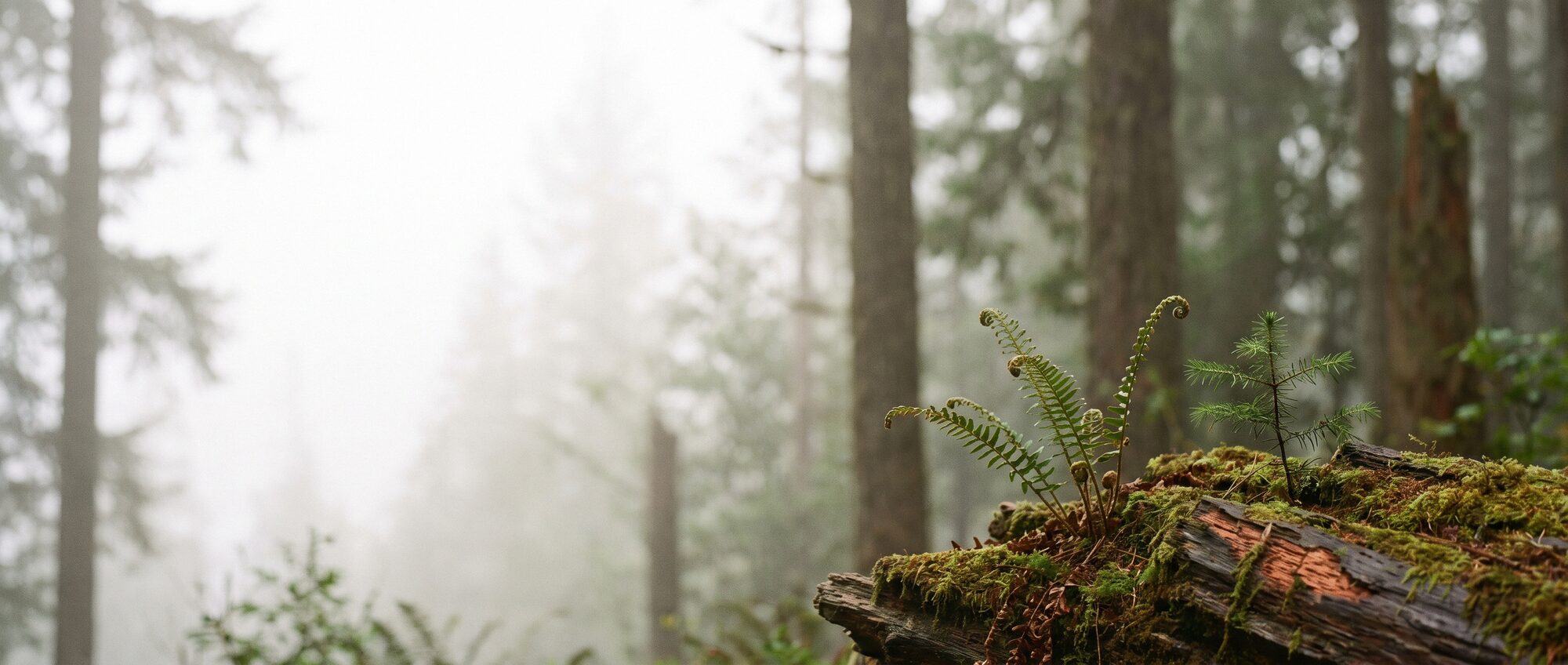 A sword fern and a fir seedling growing from a mossy nurse log in a foggy coastal Douglas-fir forest on Vancouver Island.